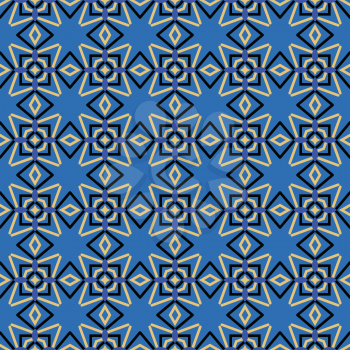 Vector seamless pattern texture background with geometric shapes, colored in blue, black and yellow colors.