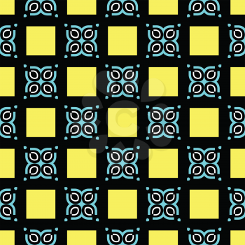 Vector seamless pattern background texture with geometric shapes, colored in yellow, blue, black and white colors.