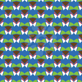 Vector seamless pattern background texture with geometric shapes, colored in blue, brown, red, white and green colors.