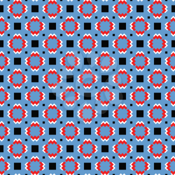 Vector seamless pattern texture background with geometric shapes, colored in blue, red, white and black colors.