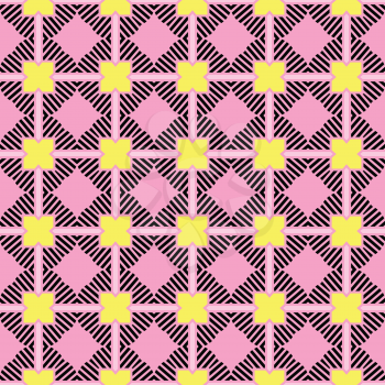 Vector seamless pattern texture background with geometric shapes, colored in pink, yellow and black colors.