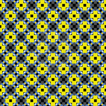 Vector seamless pattern texture background with geometric shapes, colored in yellow, blue, grey, black and white colors.