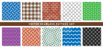 Vector seamless pattern texture background set with geometric shapes in blue, black, brown, grey, red, green, purple, orange, black and white colors.