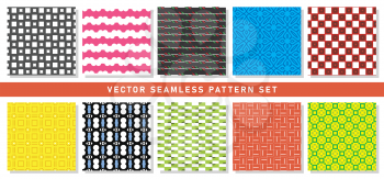 Vector seamless pattern texture background set with geometric shapes in black, white, pink, red, green, blue, red, orange and yellow colors.
