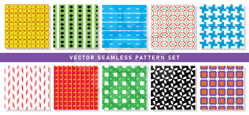 Vector seamless pattern texture background set with geometric shapes in yellow, orange, green, black white, blue, pink, purple and orange colors.