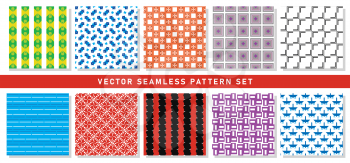 Vector seamless pattern texture background set with geometric shapes in green, yellow, blue, orange, black, white, grey, purple and pink colors.