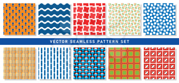 Vector seamless pattern texture background set with geometric shapes in orange, blue, red, white, green, yellow and black colors.