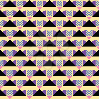 Vector seamless pattern texture background with geometric shapes, colored in yellow, black, pink, purple and blue colors.