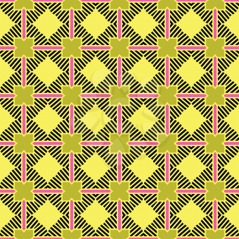 Vector seamless pattern texture background with geometric shapes, colored in yellow, gold, black and pink colors.