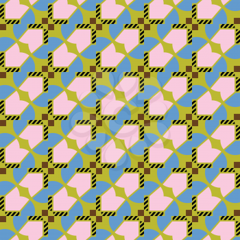 Vector seamless pattern texture background with geometric shapes, colored in pink, blue, green, black and brown colors.