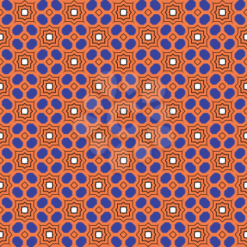 Vector seamless pattern texture background with geometric shapes, colored in orange, purple, black and white colors.