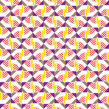 Vector seamless pattern texture background with geometric shapes, colored in red, yellow, brown, purple and white colors.