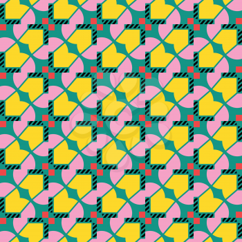 Vector seamless pattern texture background with geometric shapes, colored in green, black, yellow, pink and red colors.