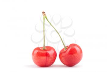 Two ripe cherry on a white background.