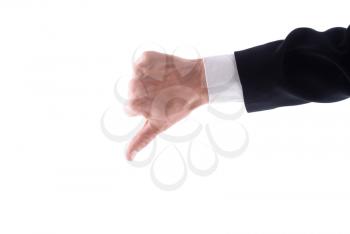 Man's hand showing thumb down on a white background.