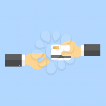 Businessman gives a bank card to another businessman. Vector illustration .
