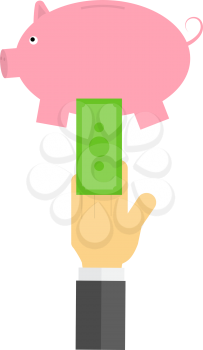 Businessman putting money in piggy bank. Vector illustration .