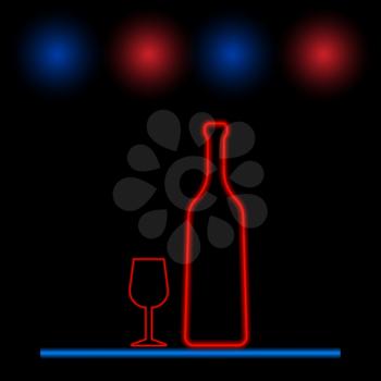 Wine bottle and glass neon light. Vector illustration .