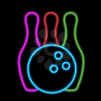 Bowling ball and skittles neon lights. Vector illustration .