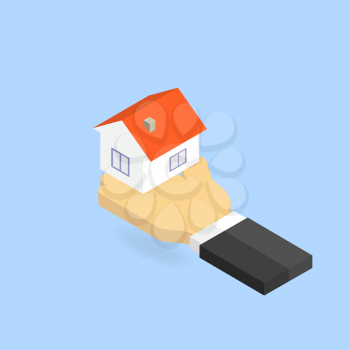 Hand holds the house. Isometric vector illustration.