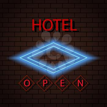 Neon signboard hotel sign on a brick wall. Vector illustration .