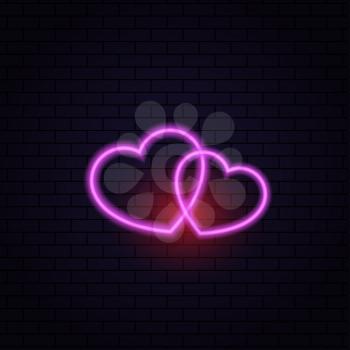 Two hearts neon lamp abstract on a brick background. Vector illustration .