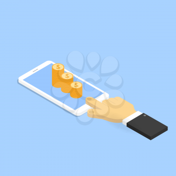 Hand with mobile phone and money. Vector illustration .