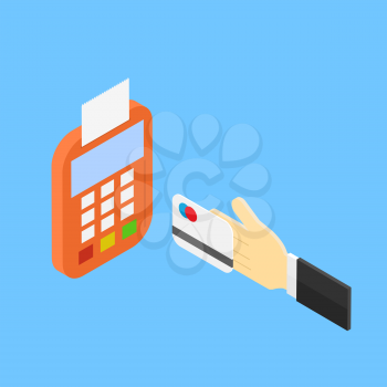 Hand with credit card payment through the terminal. Vector illustration .