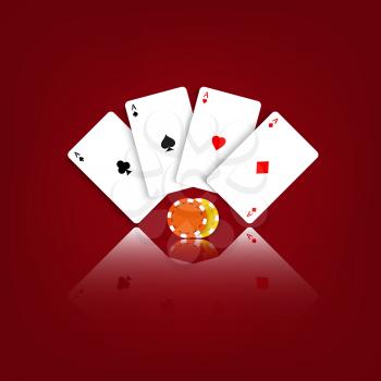 Playing cards and casino chips on a red background. Vector illustration .