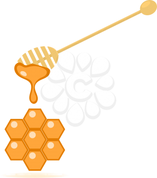 Honey spoon and honeycomb on a gray background. Vector illustration .