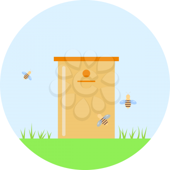 Bee hive on green grass. Vector illustration .