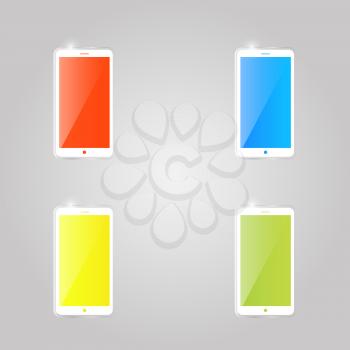 Colored shiny glass mobile phone icons on gray background. Vector illustration .