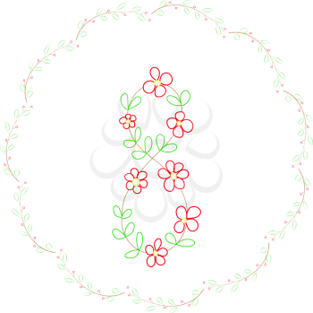 The number eight and a wreath of flowers and leaves are handmade. Vector illustration .