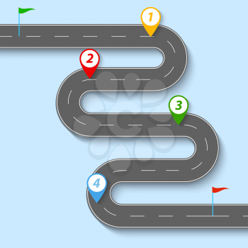 A winding road with road signs and flags. Vector illustration .