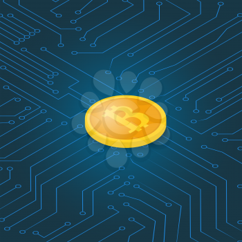 Coin bitcoin on a computer chip. Earnings cryptocurrency. Vector illustration .