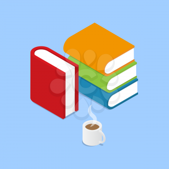 Books and a cup of coffee on a blue background. Isometric vector illustration.