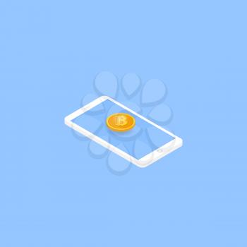 Mobile phone and bitcoin. Isometric vector illustration.