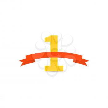 Gold number one red ribbon on white background. Vector illustration .