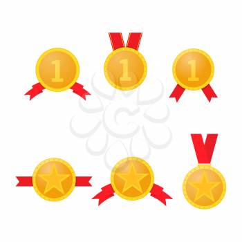 Set of gold medals with red ribbons on a white background. Vector illustration .