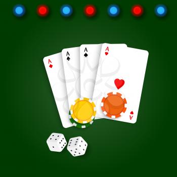 Playing card chips and dice on a green background. Vector illustration .