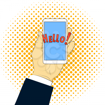 A man is holding a phone in his hand, a pop art style. Vector illustration .