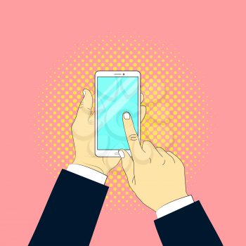 A man is writing a message on a smartphone, a pop art style. Vector illustration .