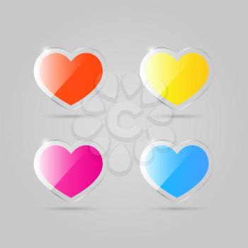 Glass shiny multicolored hearts on a gray background. Vector illustration .