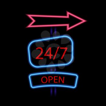 Neon poster 24/7 is open on a black background. Vector illustration .