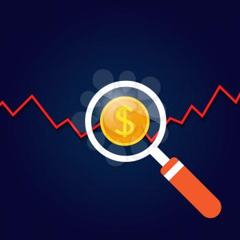 Magnifying glass above the graph of profit growth. Vector illustration .