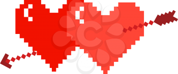 Two pixel hearts with an arrow on a white background. Vector illustration .