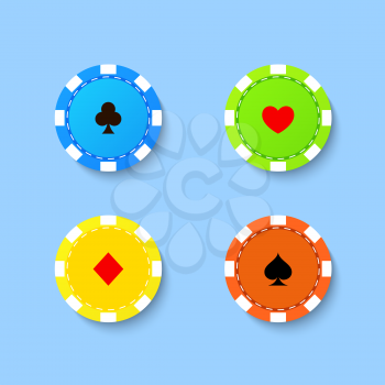 Set of playing chips from the casino on a blue background. Vector illustration .