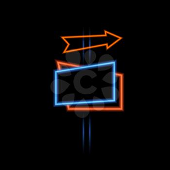 Neon glowing signboard and arrow on a dark background. Vector illustration .