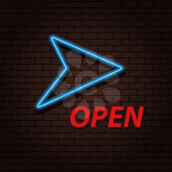 Neon arrow and inscription  open on a brick background. Vector illustration .