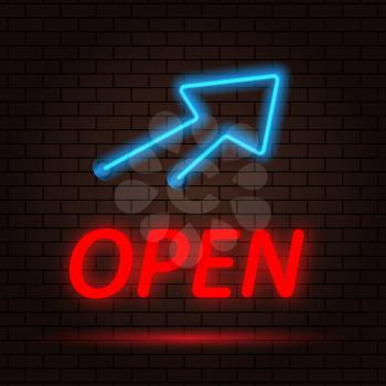 Open neon sign and arrow on brick wall background. Vector illustration .